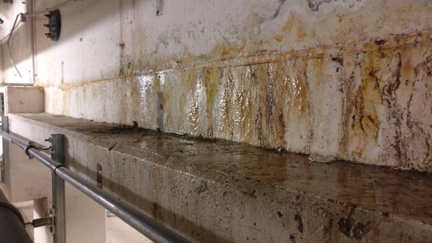 Durchfeuchtete Betonwand mit Wassereintritt und Rostfahnen vor der Rissverpressung